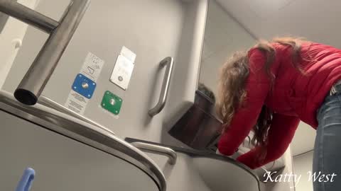 Extreme on the train. Teen girl took off her panties and pee in public. Risky peeing